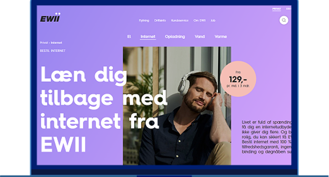Skærmbillede af EWII’s side for internet med teksten Læn dig tilbage med internet fra EWII og en kampagnepris fra 129 kr pr måned i 3 måneder