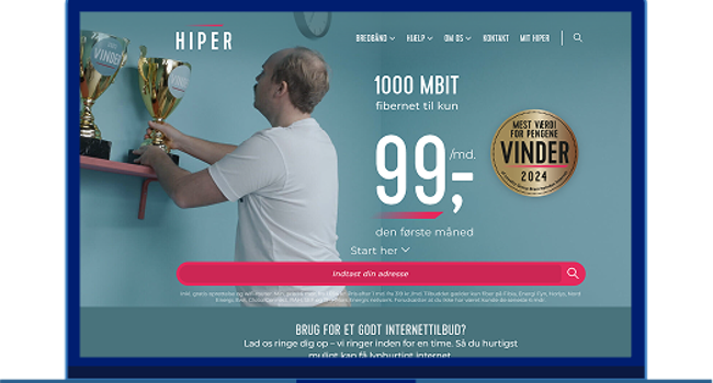Skærmbillede af HIPERs kampagneside for fibernet med 1000 Mbit og pris 99 kr den første måned samt adressefelt til at tjekke muligheder på din adresse