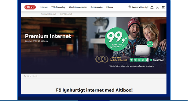 Skærmbillede af Altibox’ side for Premium Internet med kampagnepris 99,5 de første 3 måneder og en kundeanmeldelse fra Trustpilot
