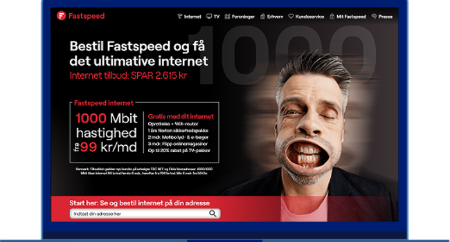 Skærmbillede af Fastspeed kampagneside med teksten Bestil Fastspeed og få det ultimative internet, tilbud på 1000 Mbit fra 99 kr pr måned og adressefelt til bestilling